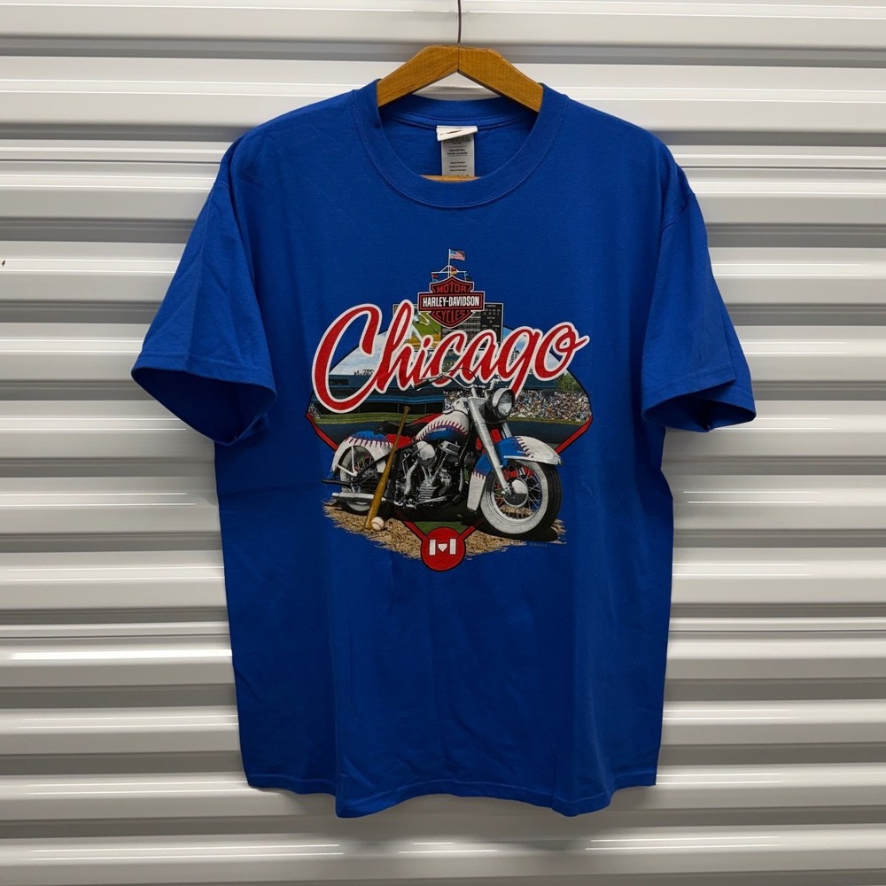 Vintage Harley Davidson Chicago Cubs Biker Blue Large Shirt